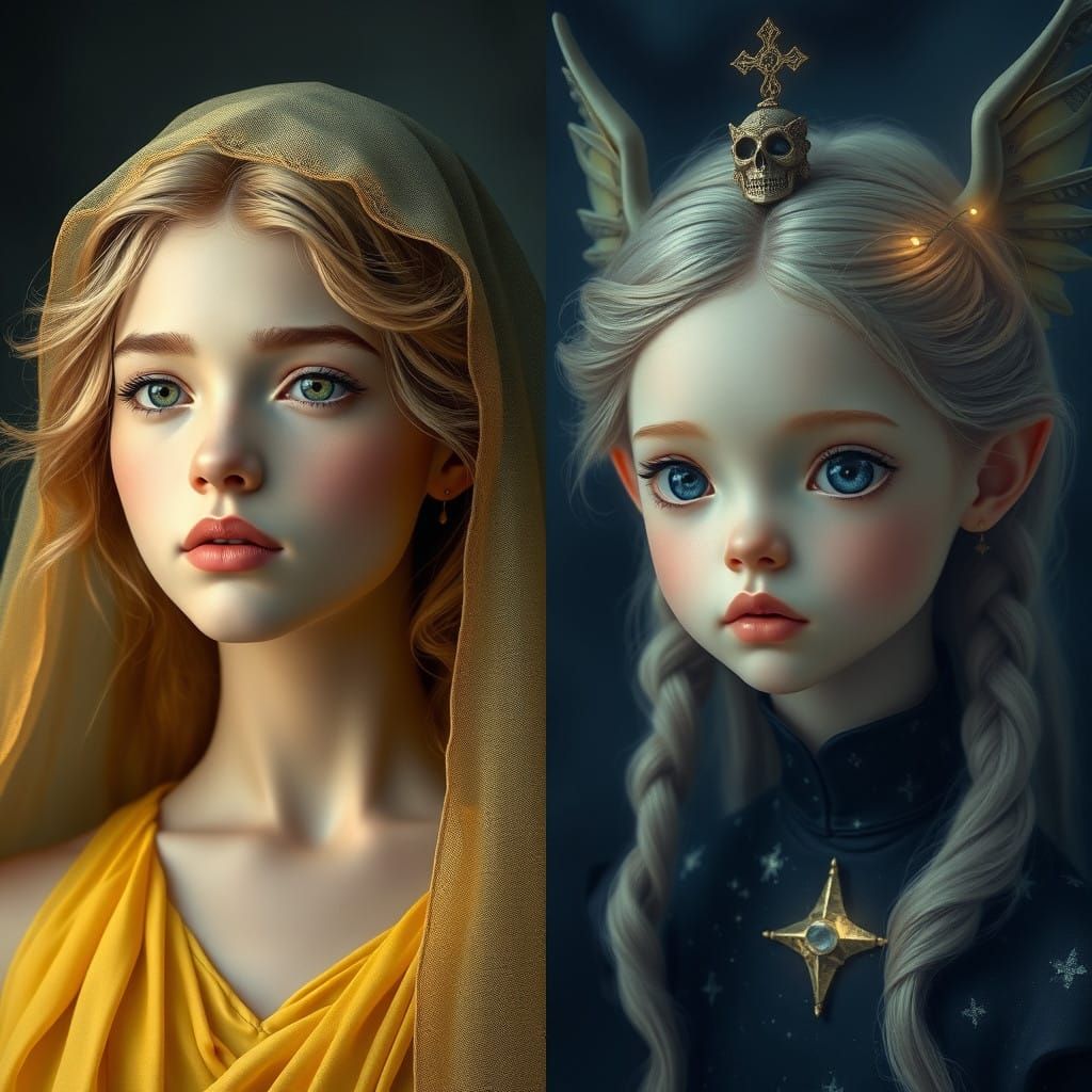 Sun Goddess Radiates Golden Light as Night Goddess Shines wi...