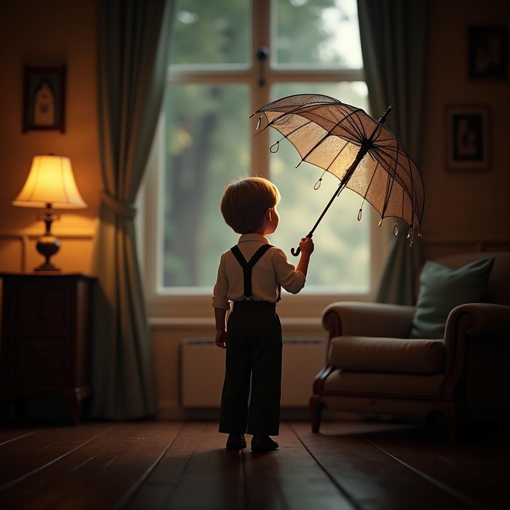 1930s Boy Opens Umbrella Amidst Lightning