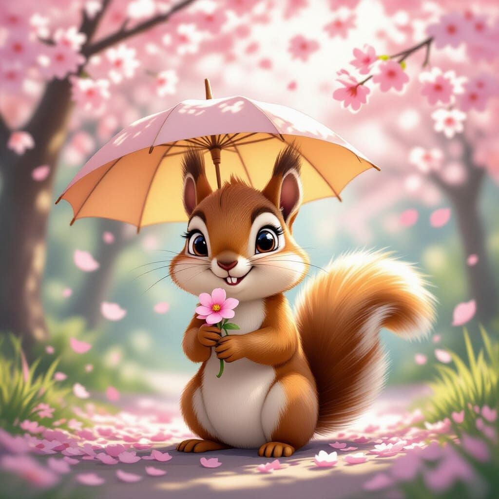 Cute Squirrel with Flower Umbrella Amidst Cherry Blossoms