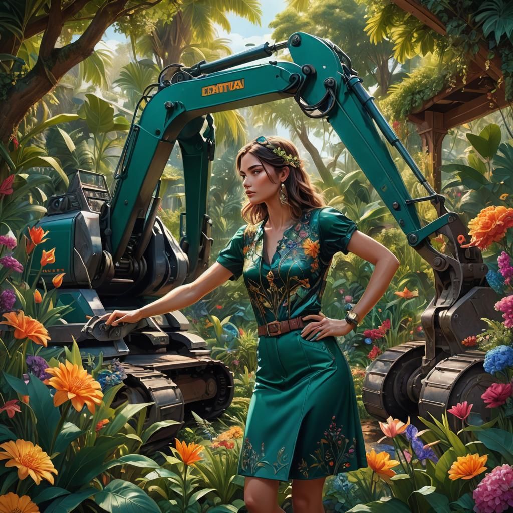 Girl Operates Excavator in Mystical Garden: Fantasy Art