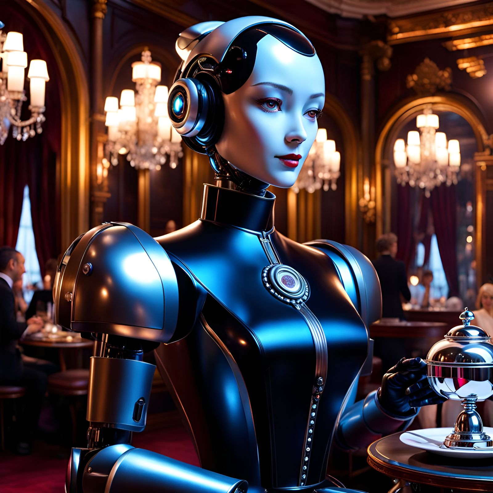 Cyberpunk Robot Butler Serves Tea in Victorian Salon