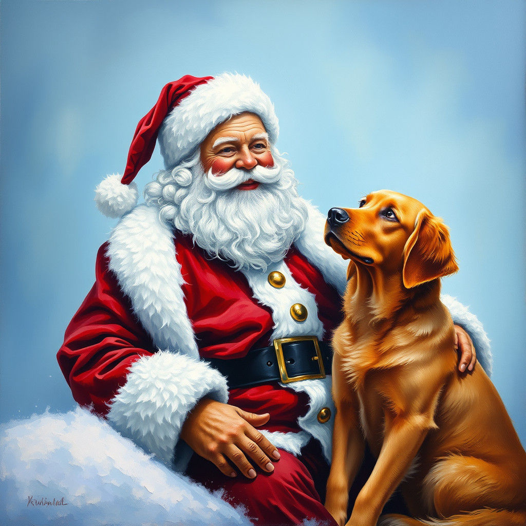Santa Claus and Golden Retriever in Impasto Oil