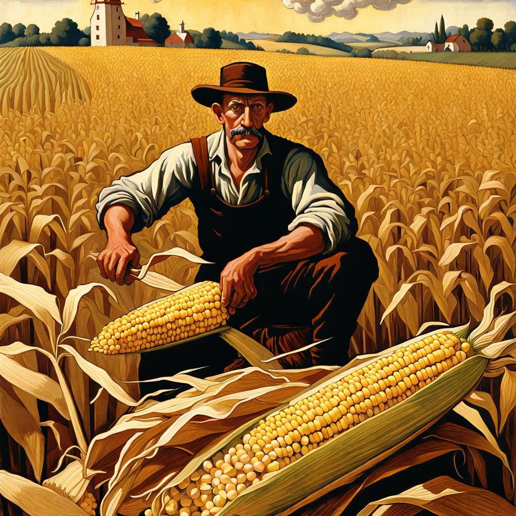 Corn Harvest: Regionalist Painting of a Lone Farmer