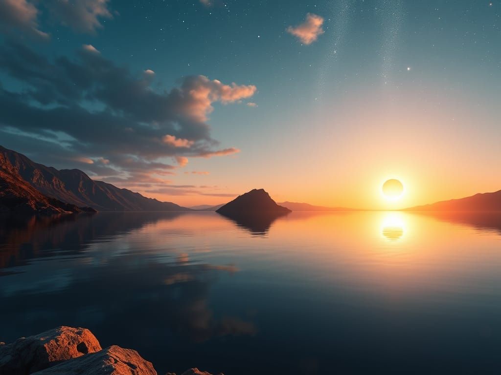 Serene Mountain Lake at Sunset with Radiant Island