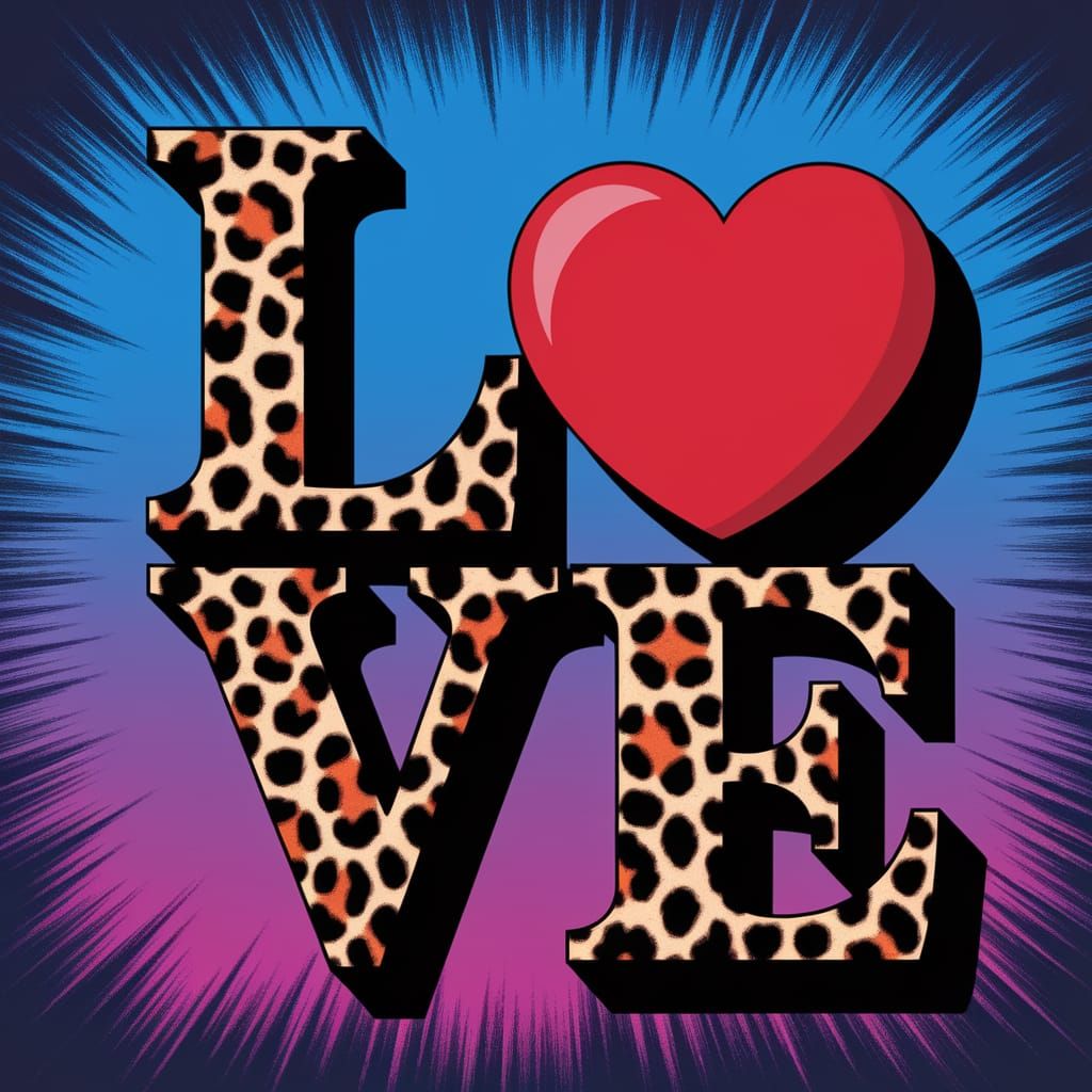 Leopard Print LOVE with Red Heart, Surreal Illustration