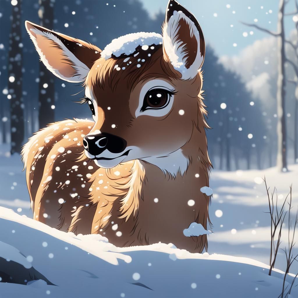 Cute Fawn in Snow: Studio Ghibli Style