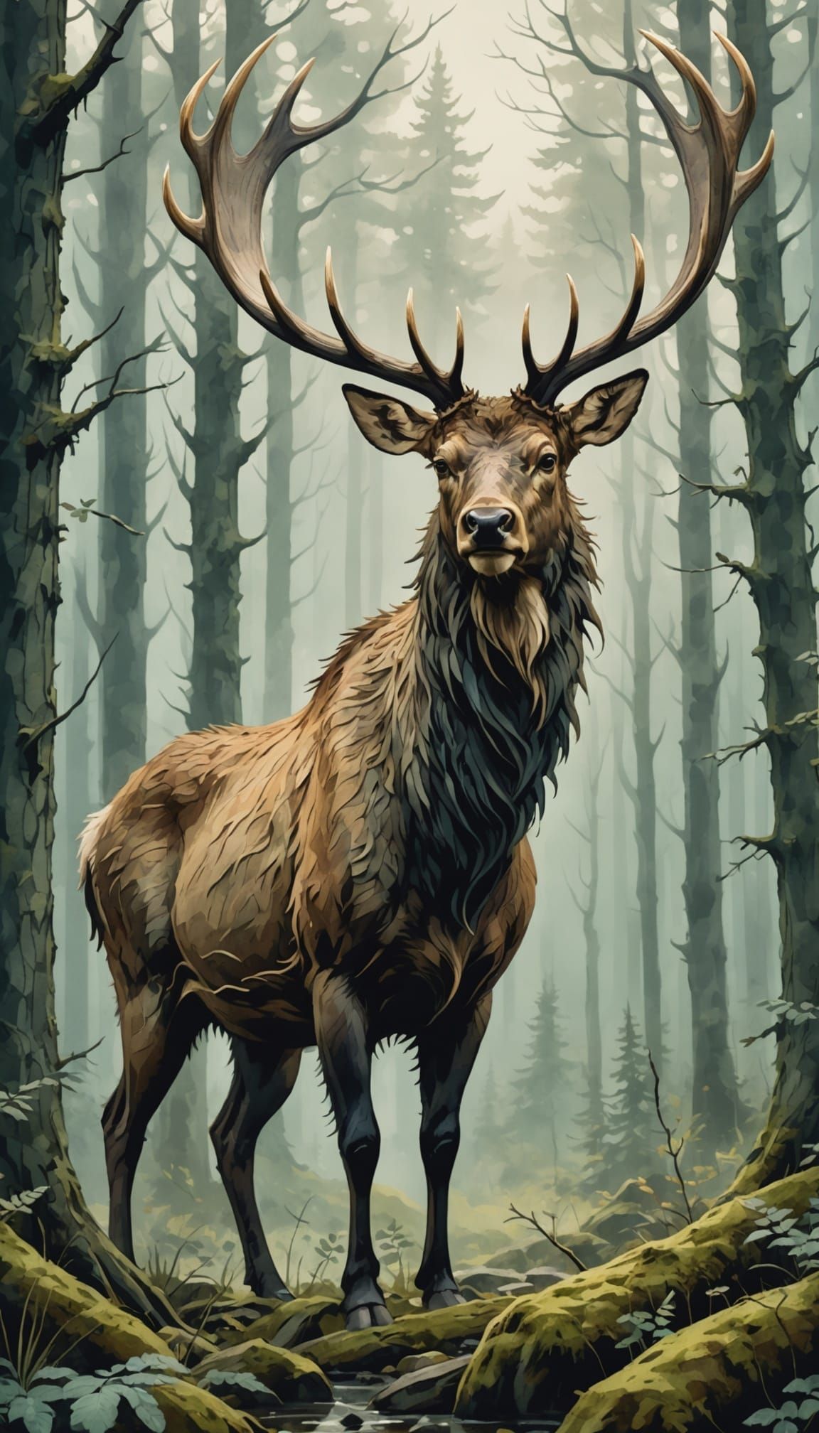 Melancholic Irish Elk in Misty Forest, Watercolor Impasto