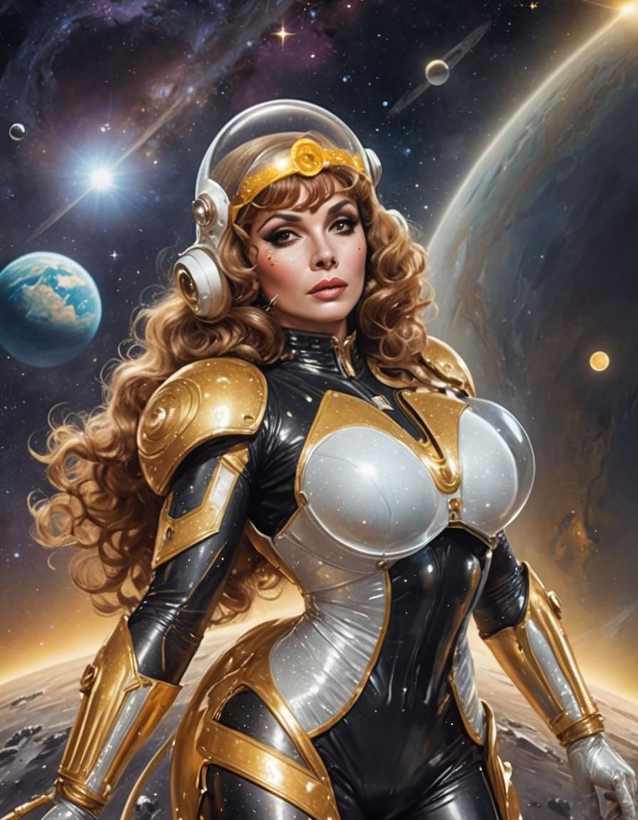 Solarpunk Barbarella in Space with Saturn
