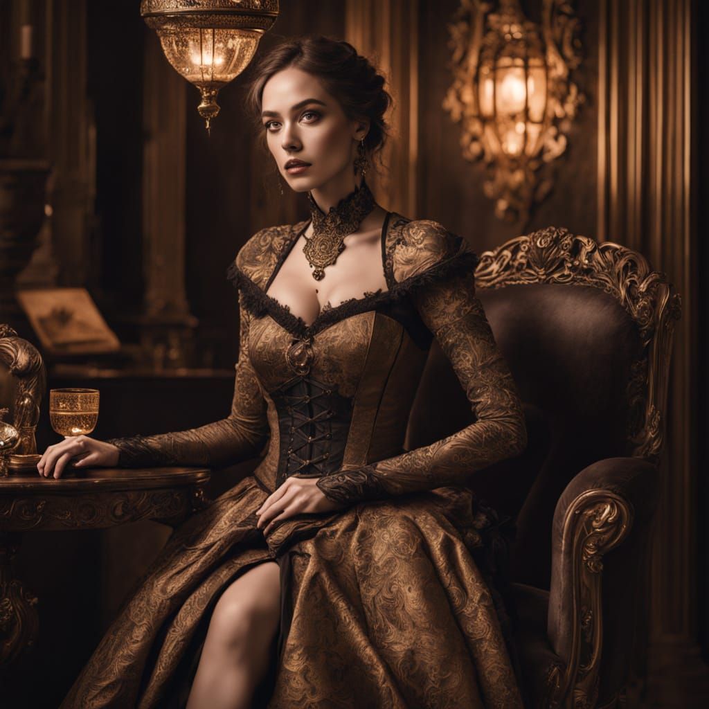 Steampunk Corseted Beauty in Victorian-Era Parlor