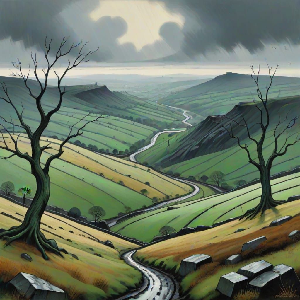 Dark and Moody Valley Landscape in Lowry-Inspired Style