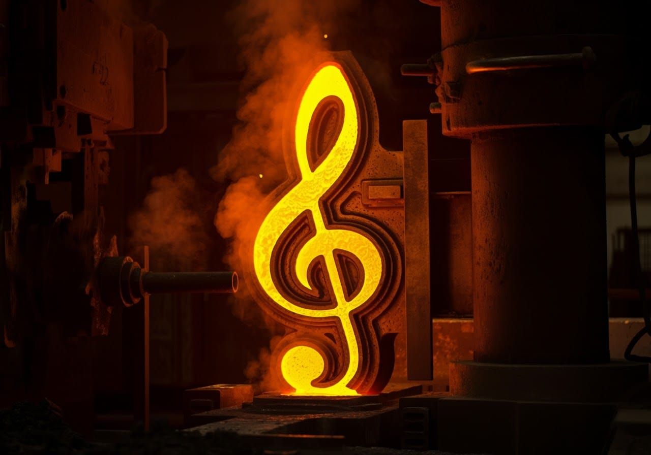 Molten Metal Treble Clef in Industrial Setting