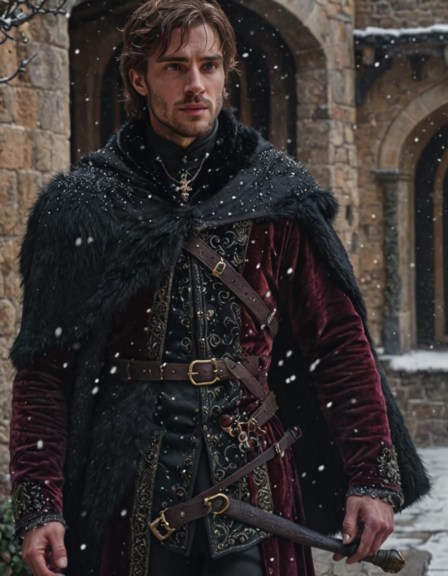 Young Lord in Snowy Medieval Courtyard