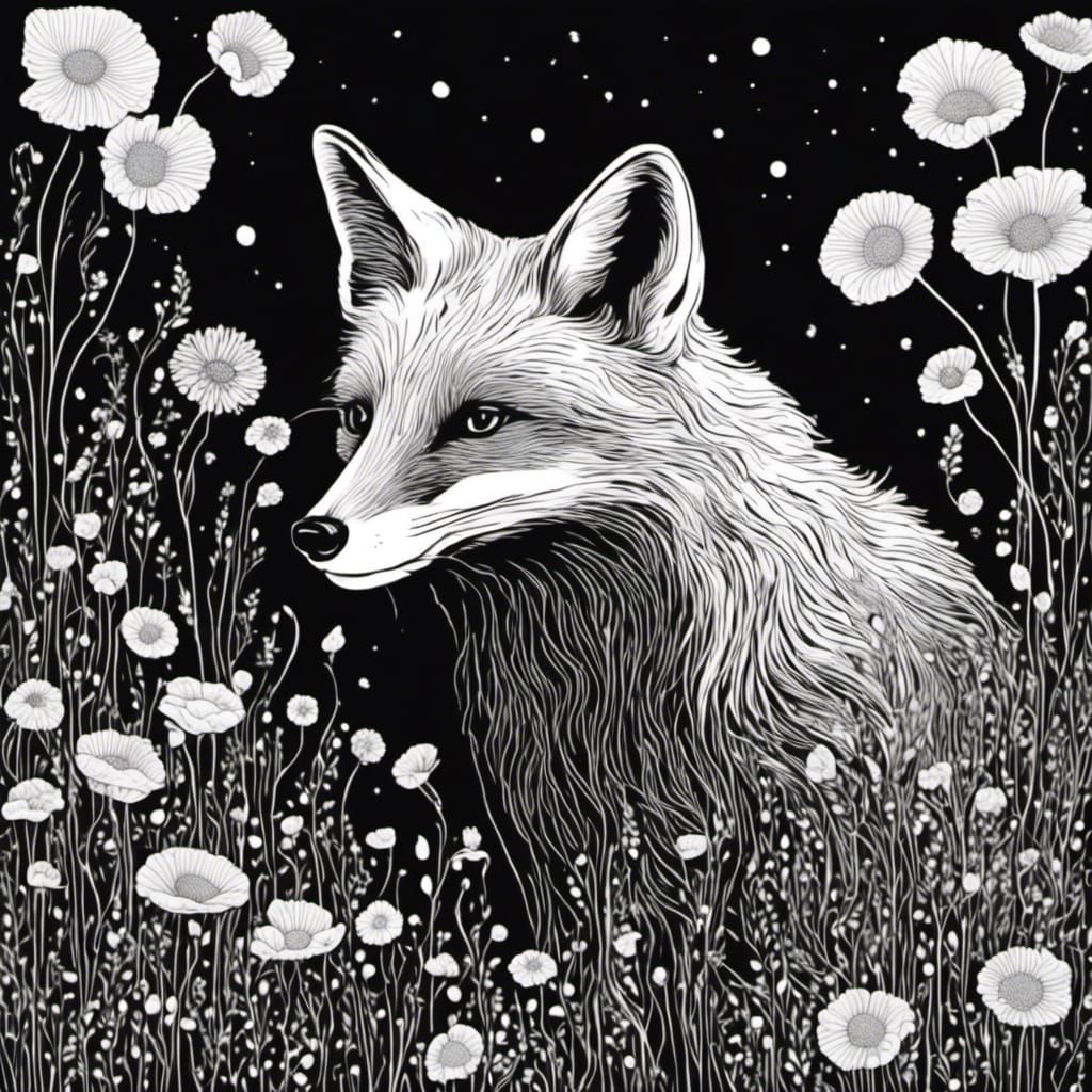 Fox in Moonlight: Black and White Illustration