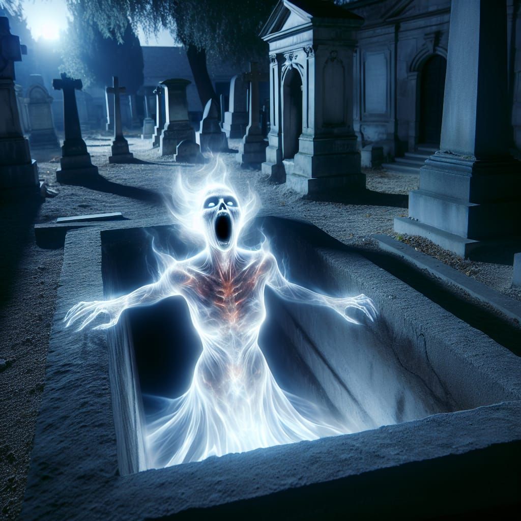 Ethereal Hispanic Woman Screaming in Graveyard