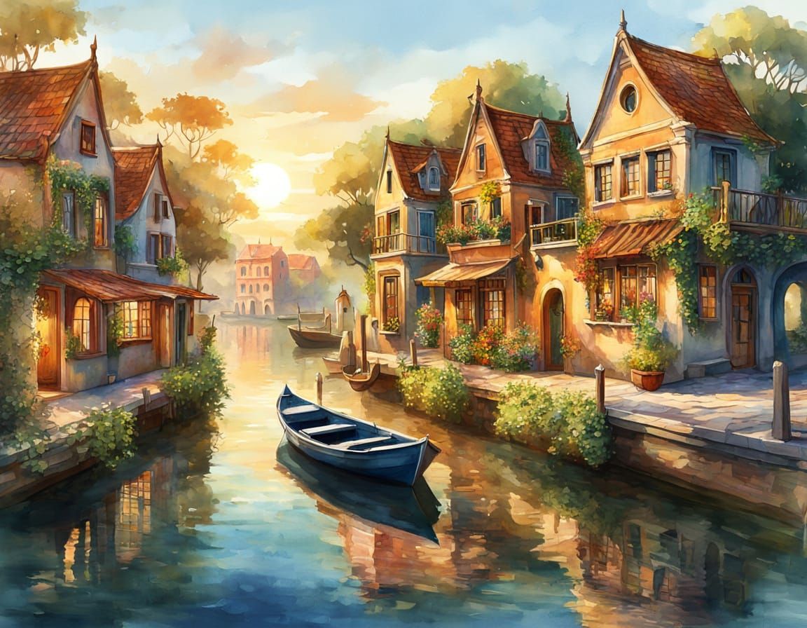 Sunrise Over Quaint Canal Houses in Archipelago