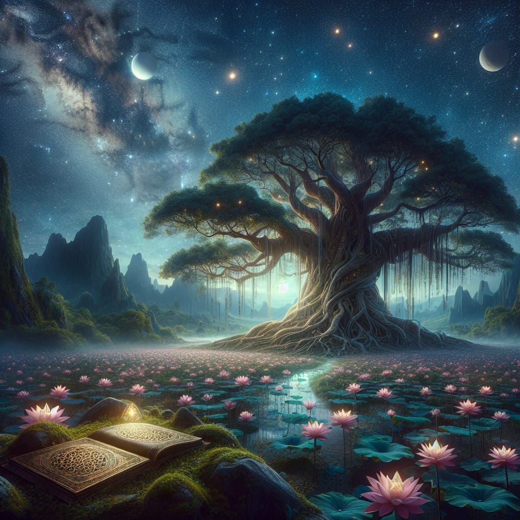 Tree of Life and Lotus Flowers in Moonlight