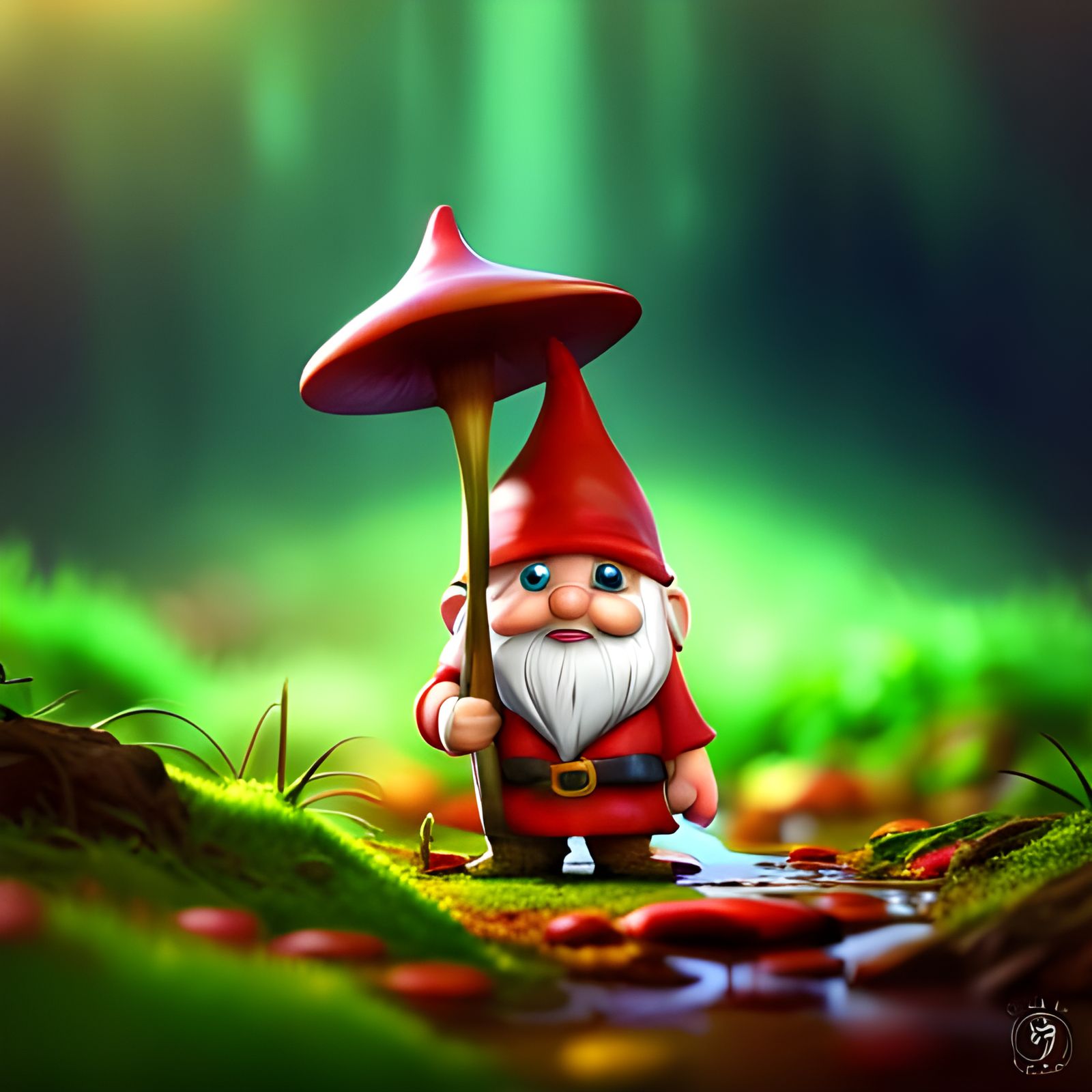 Adorable Gnome with Mushroom Umbrella in Enchanted Forest