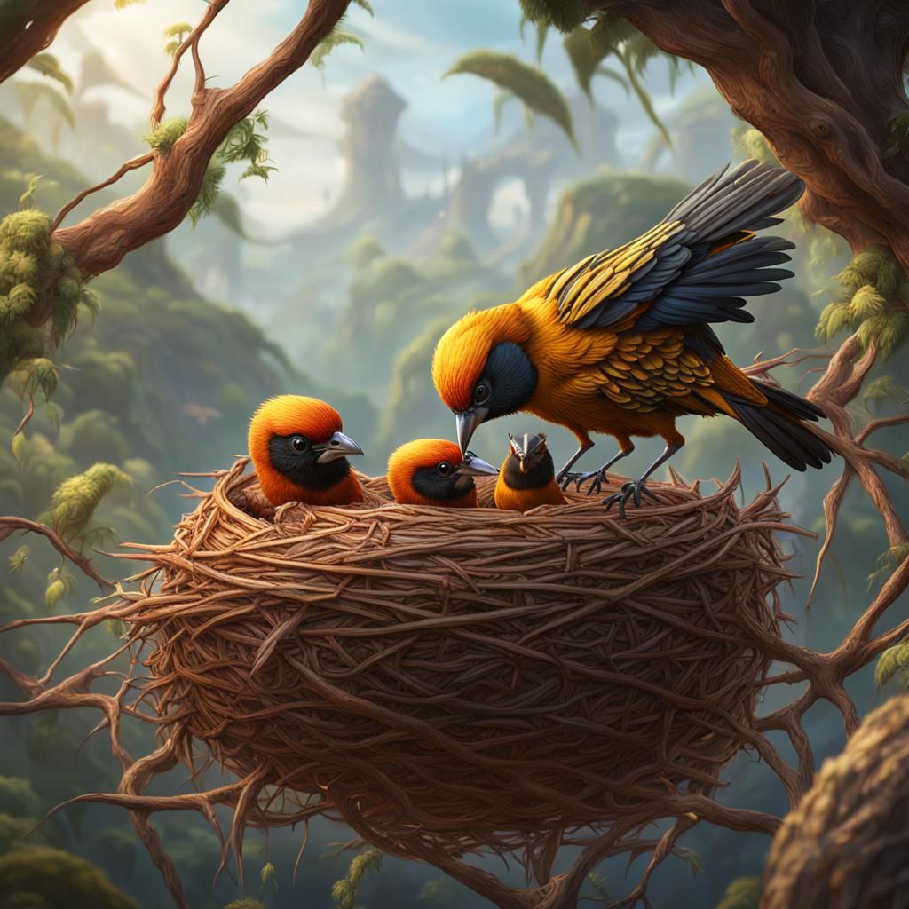 Weaver Bird Feeding Young: Detailed Matte Painting