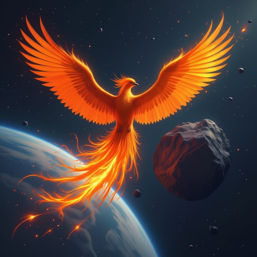 Fiery Phoenix Carrying Asteroid in Sci-Fi Style