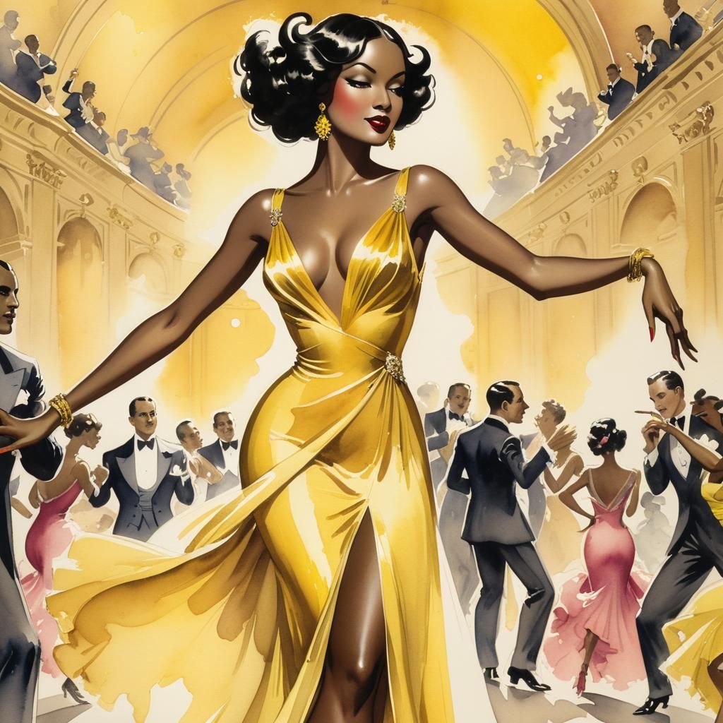 Jazz Age Dancer in Flowing Yellow Gown