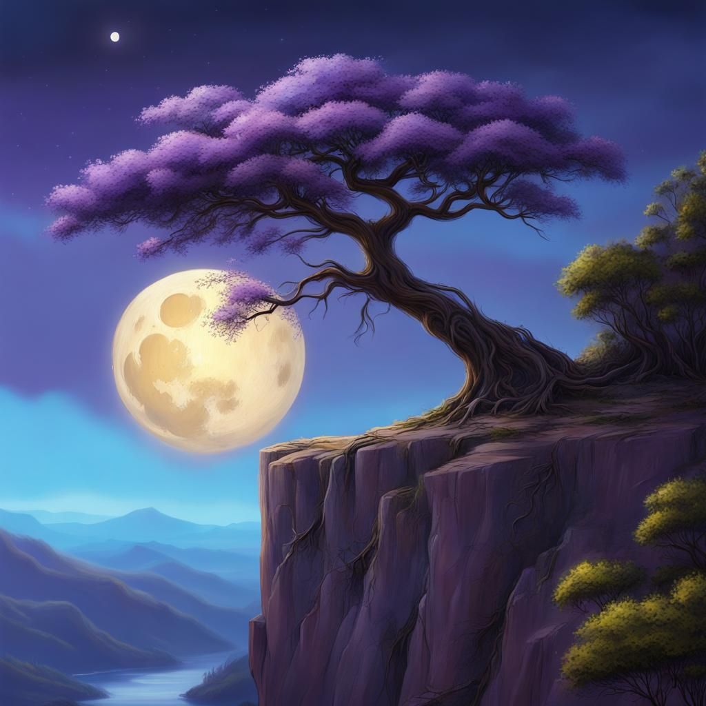 Jacaranda Tree and Moon, Oil on Canvas Style