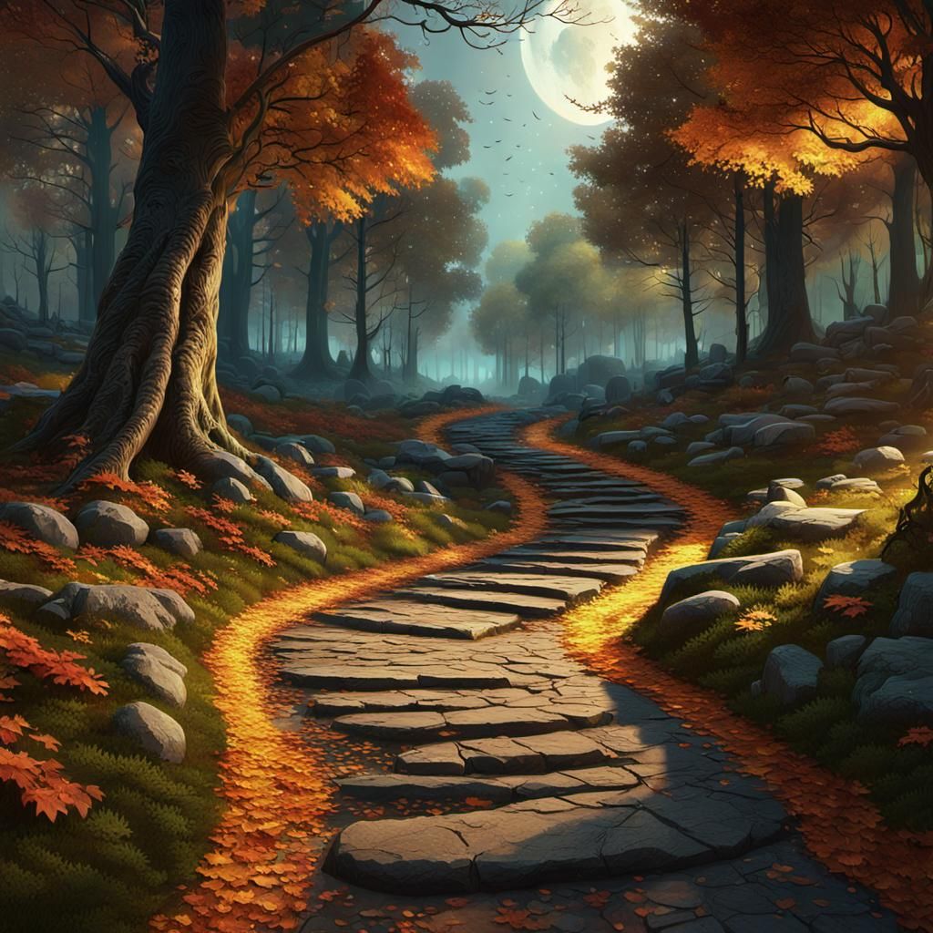Mystical Autumn Forest Path Under Crescent Moon