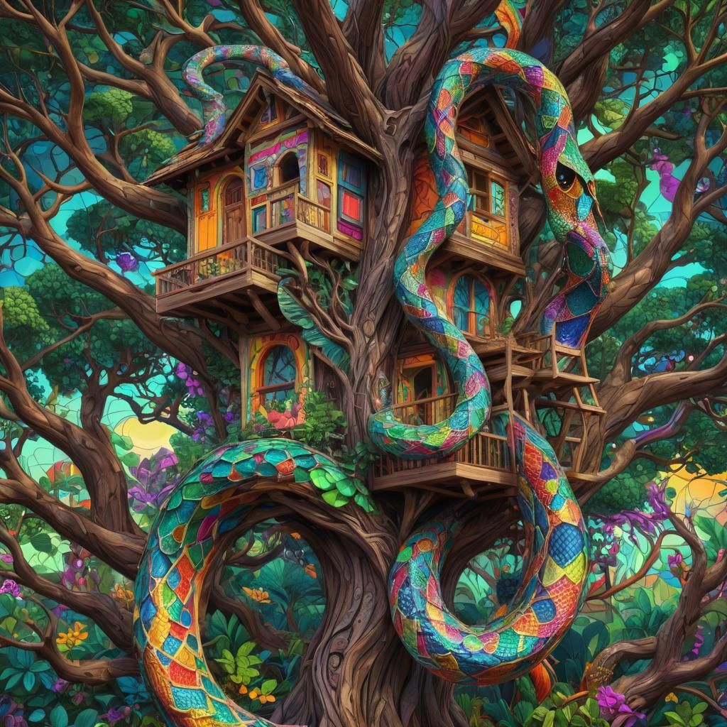 Multicolor Snake Treehouse in Digital Fractal Art