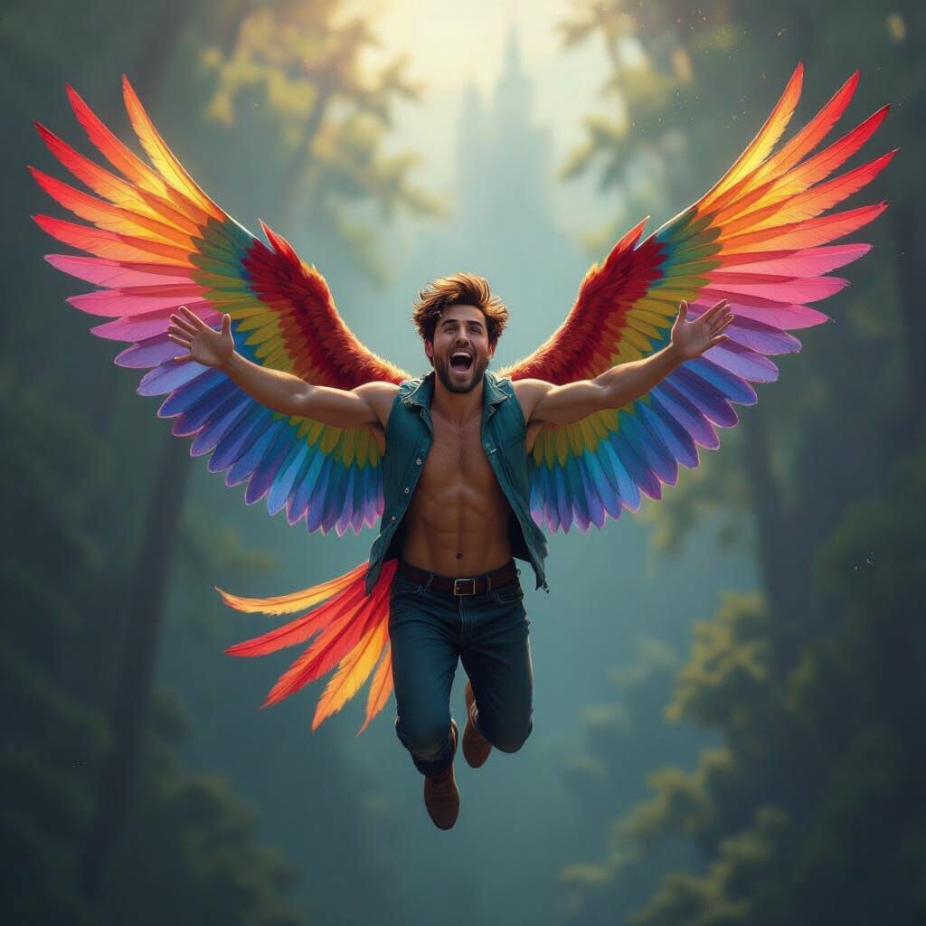 Man with Rainbow Wings Flies in Golden Hour Glow