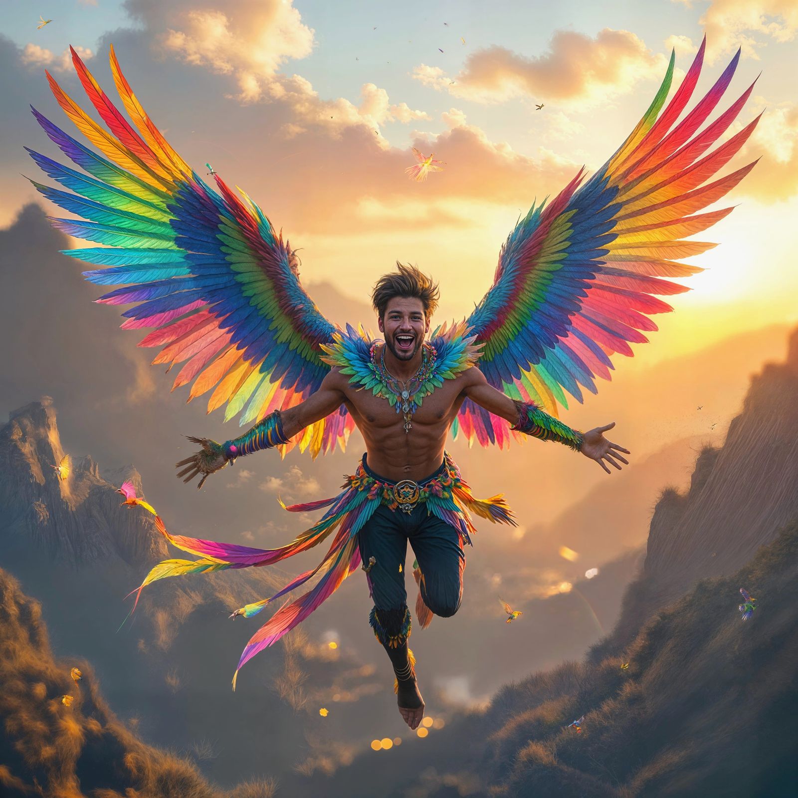Man with Rainbow Bird Wings Flies Excitedly
