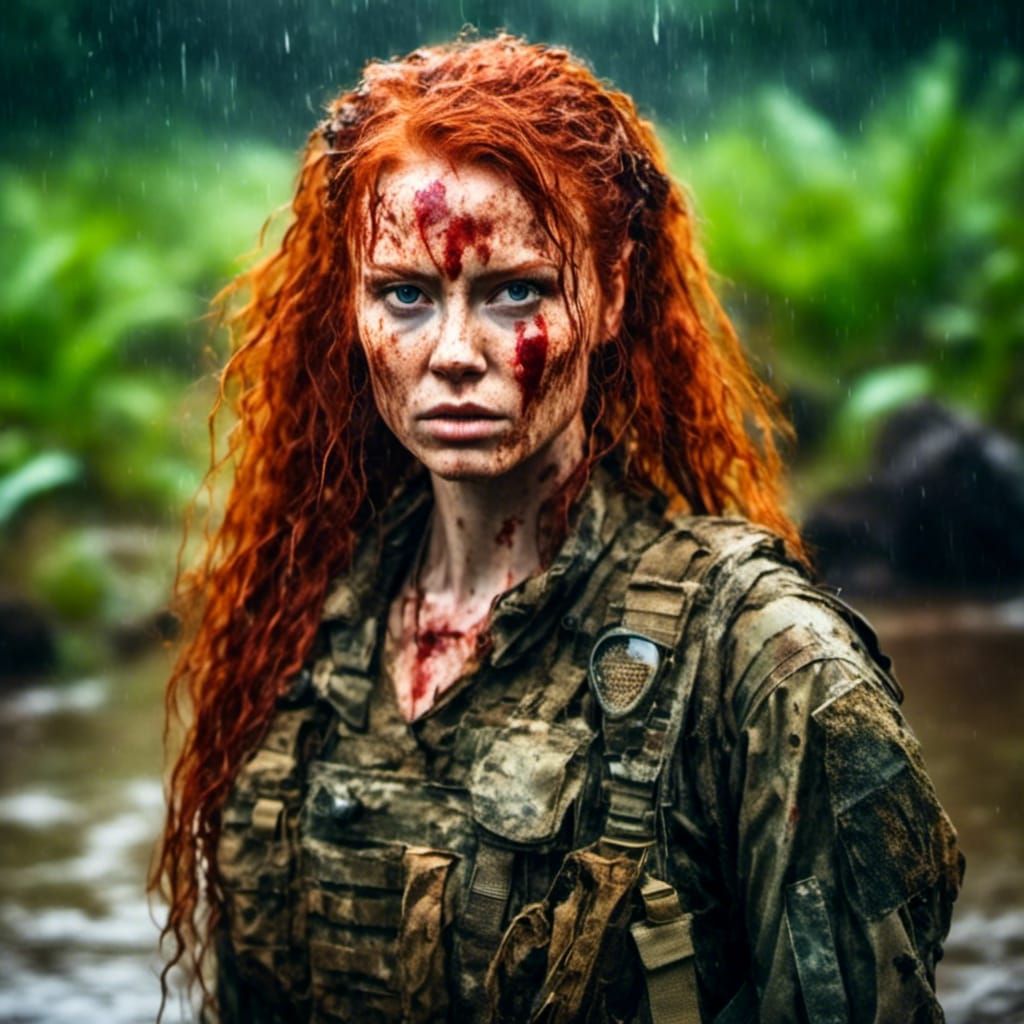 Hyperrealistic Portrait of a Determined Redhead Soldier