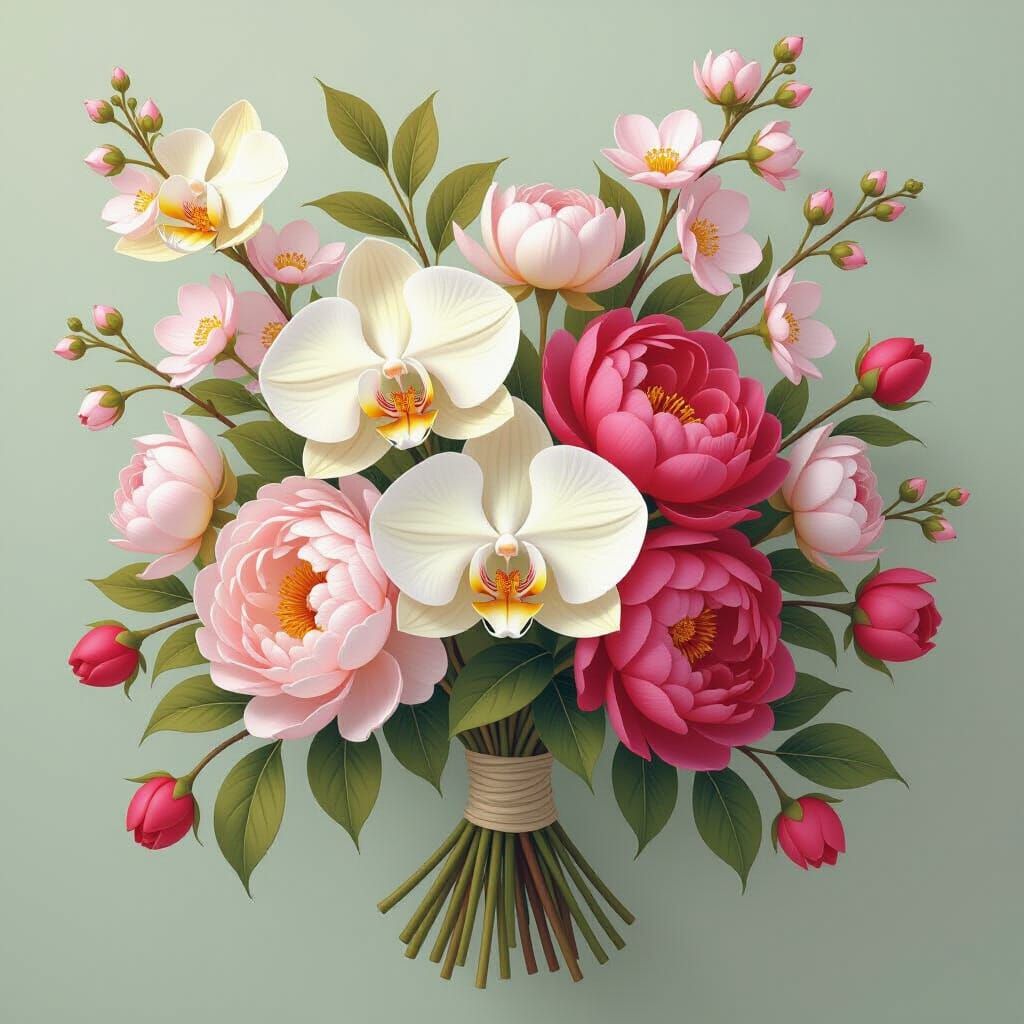 Orchid, Cherry Blossom, and Peonies in Art Nouveau Style