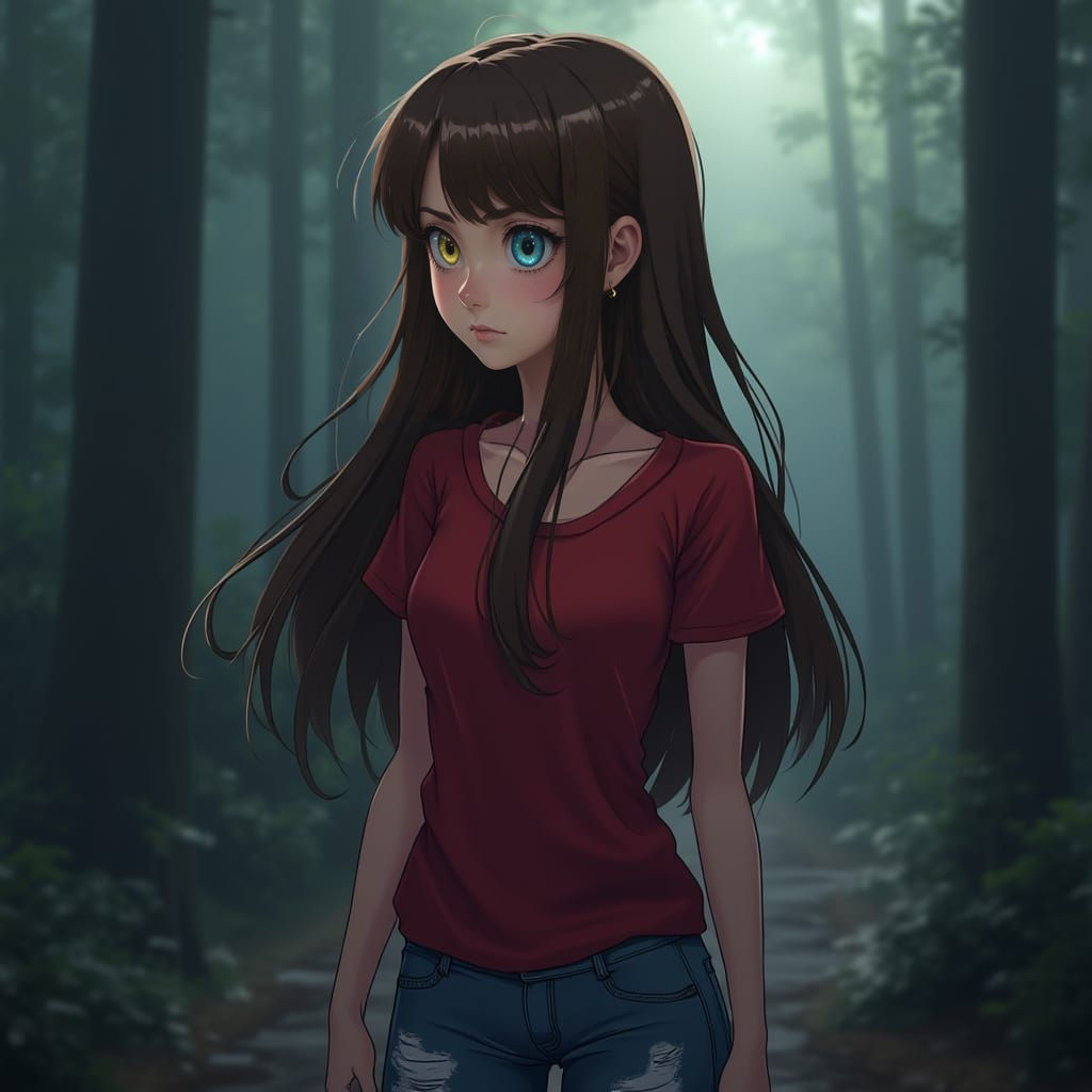 Ethereal Woman in Distressed Jeans and Red Tee, Heterochroma...