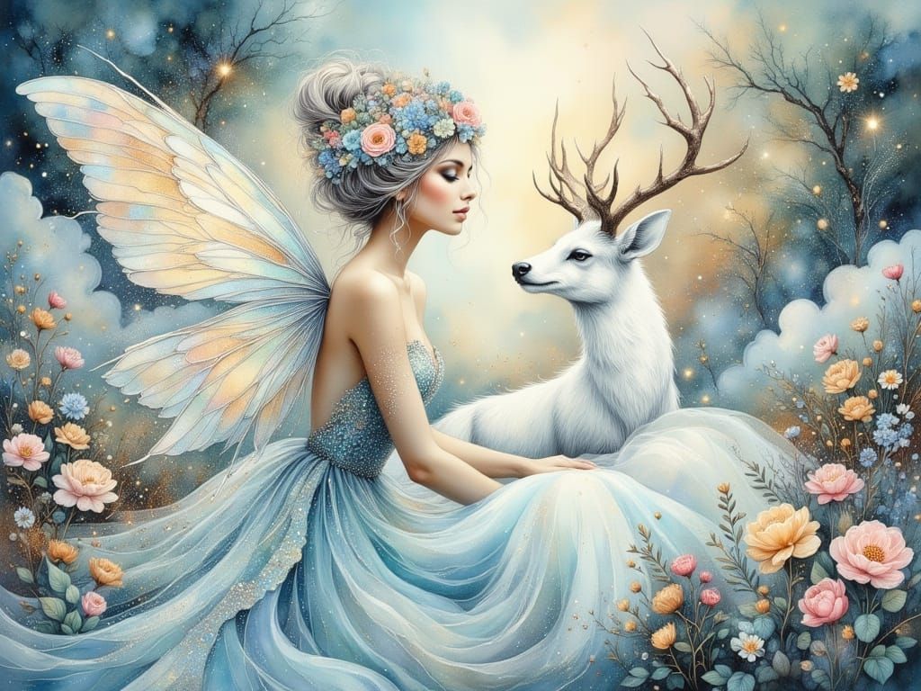 Fairy with Silver Hair and Buck in Ethereal Garden