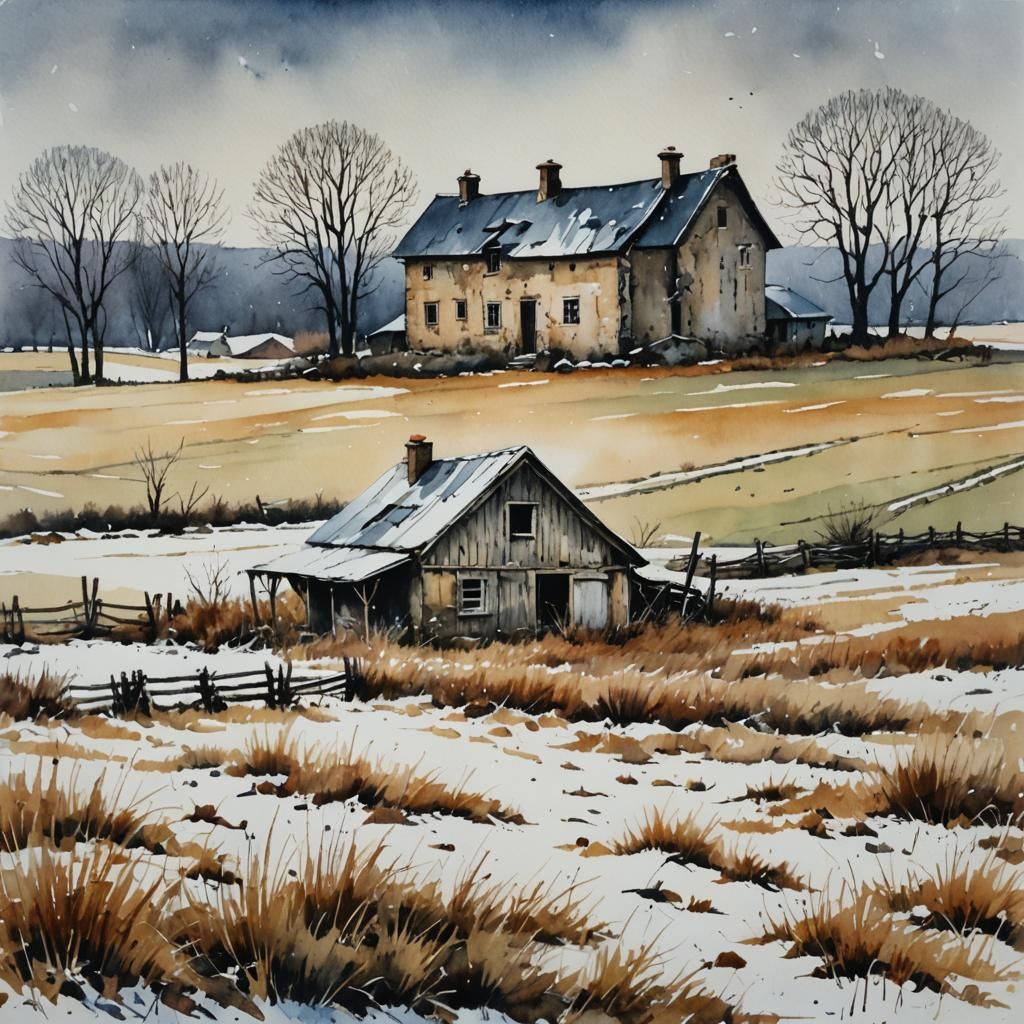 Dilapidated Stone Farmhouse in Winter Watercolor