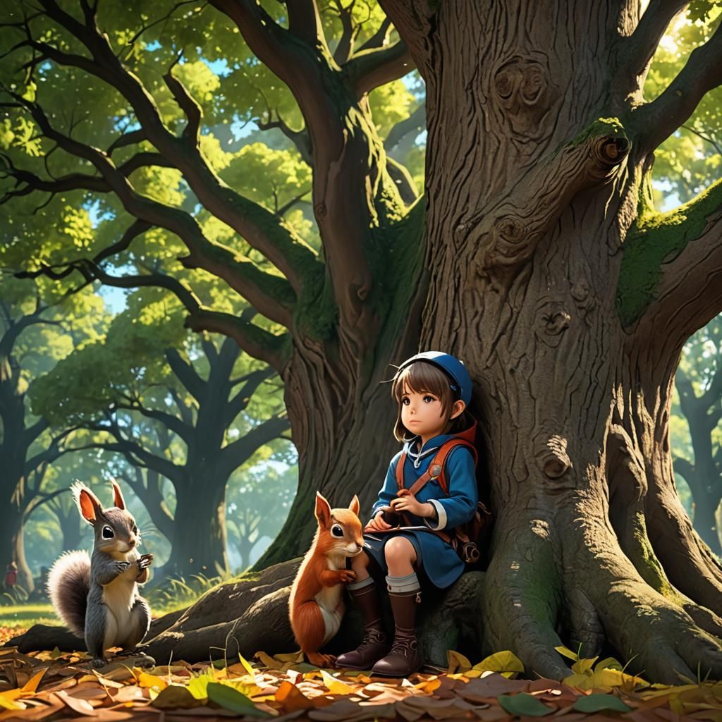 Child Under Oak Tree with Squirrel: 3D Anime Art