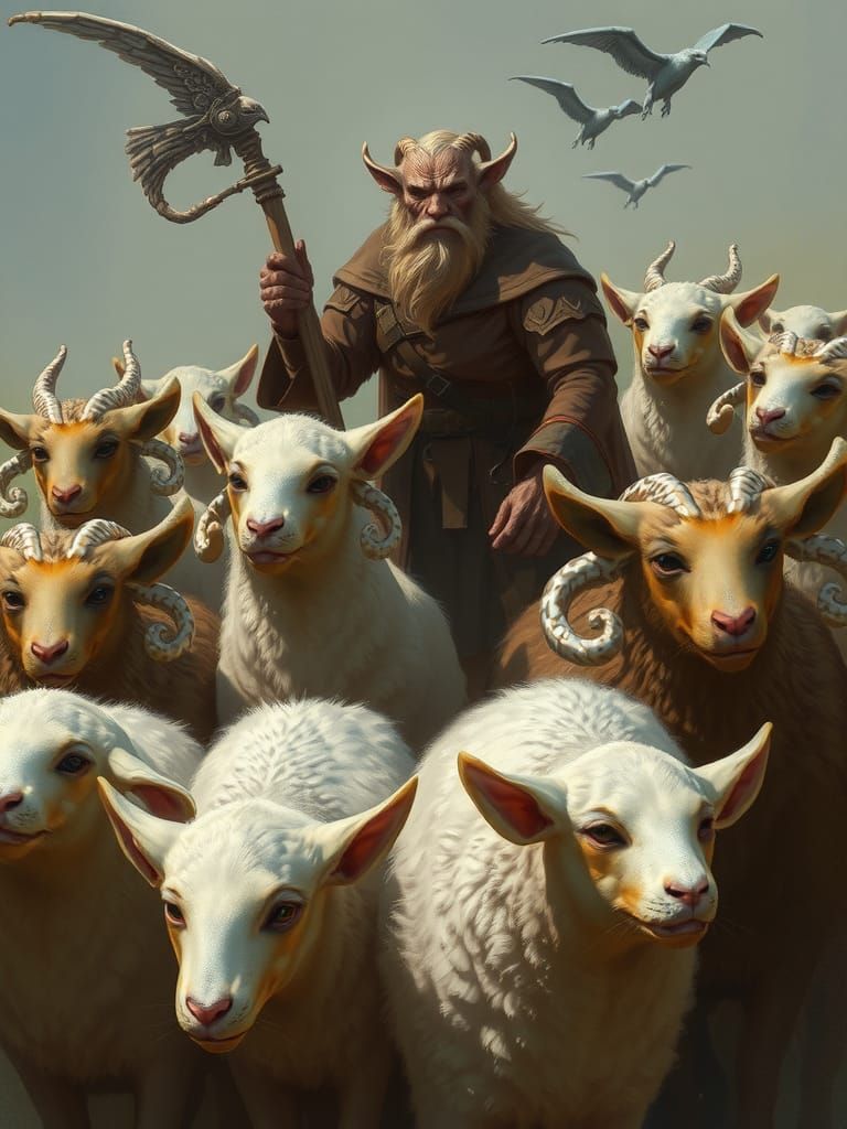 Fantasy Shepherd Guarding Cat-Sheep Hybrid Flock