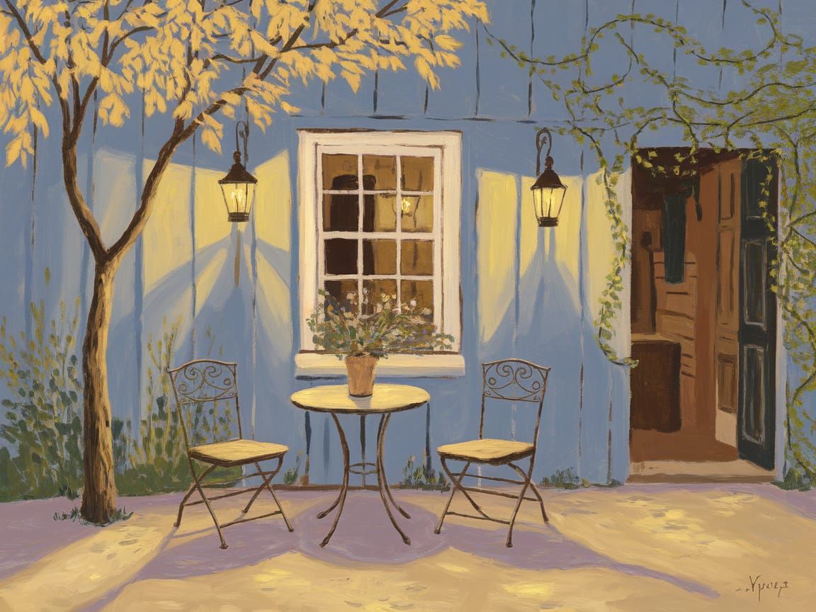 Inviting Outdoor Seating Area at Dusk, Impressionist Style