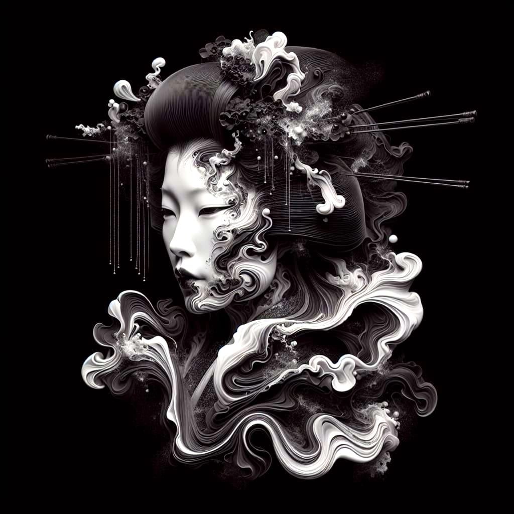 Ghostly Geisha Portrait in Ink Flow Style