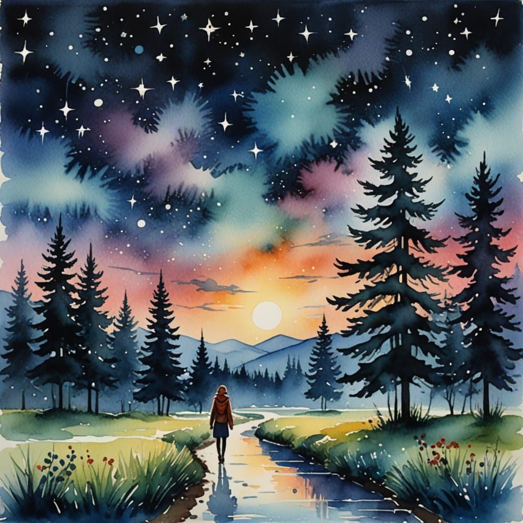 A Watercolor Portrait of a Beautiful Woman in a Celestial Se...