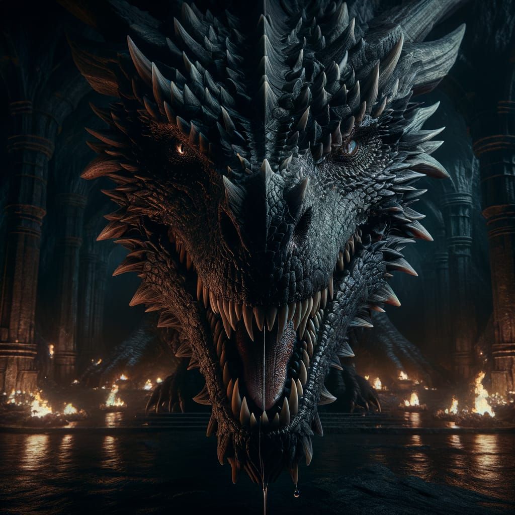 Menacing Dragon Face Close-Up in a Dark Grotto