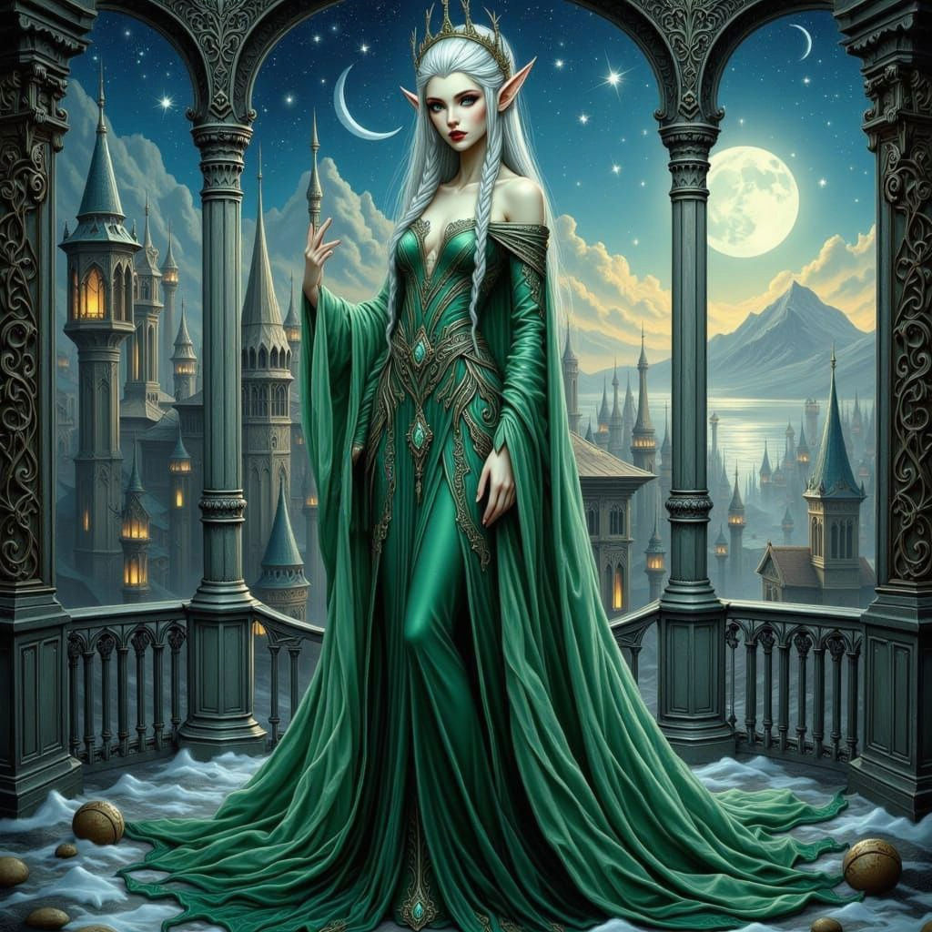Regal Elven Queen in Ornate Gown