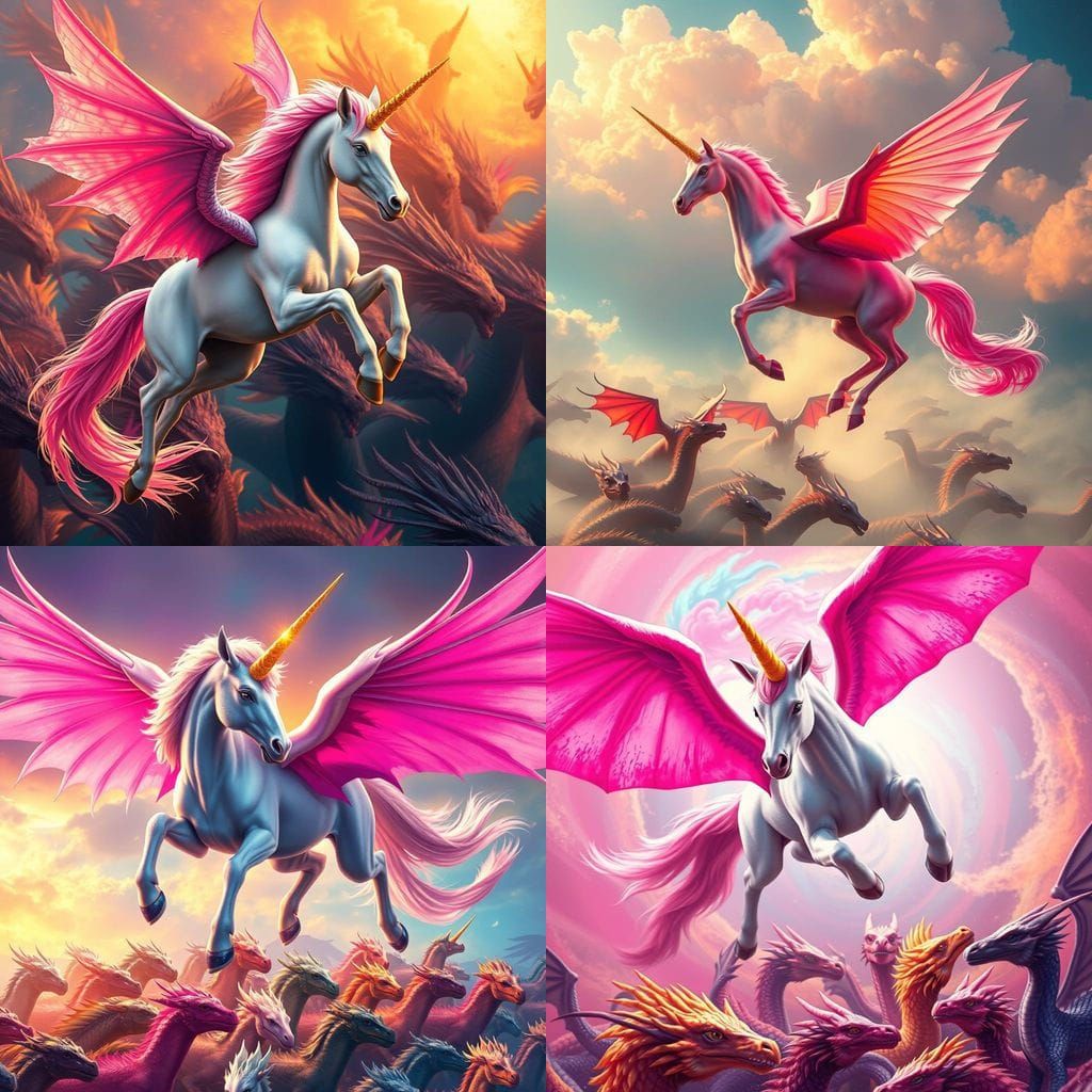 Magical Unicorn Soars Over Dragons in Vibrant Hyperrealistic...