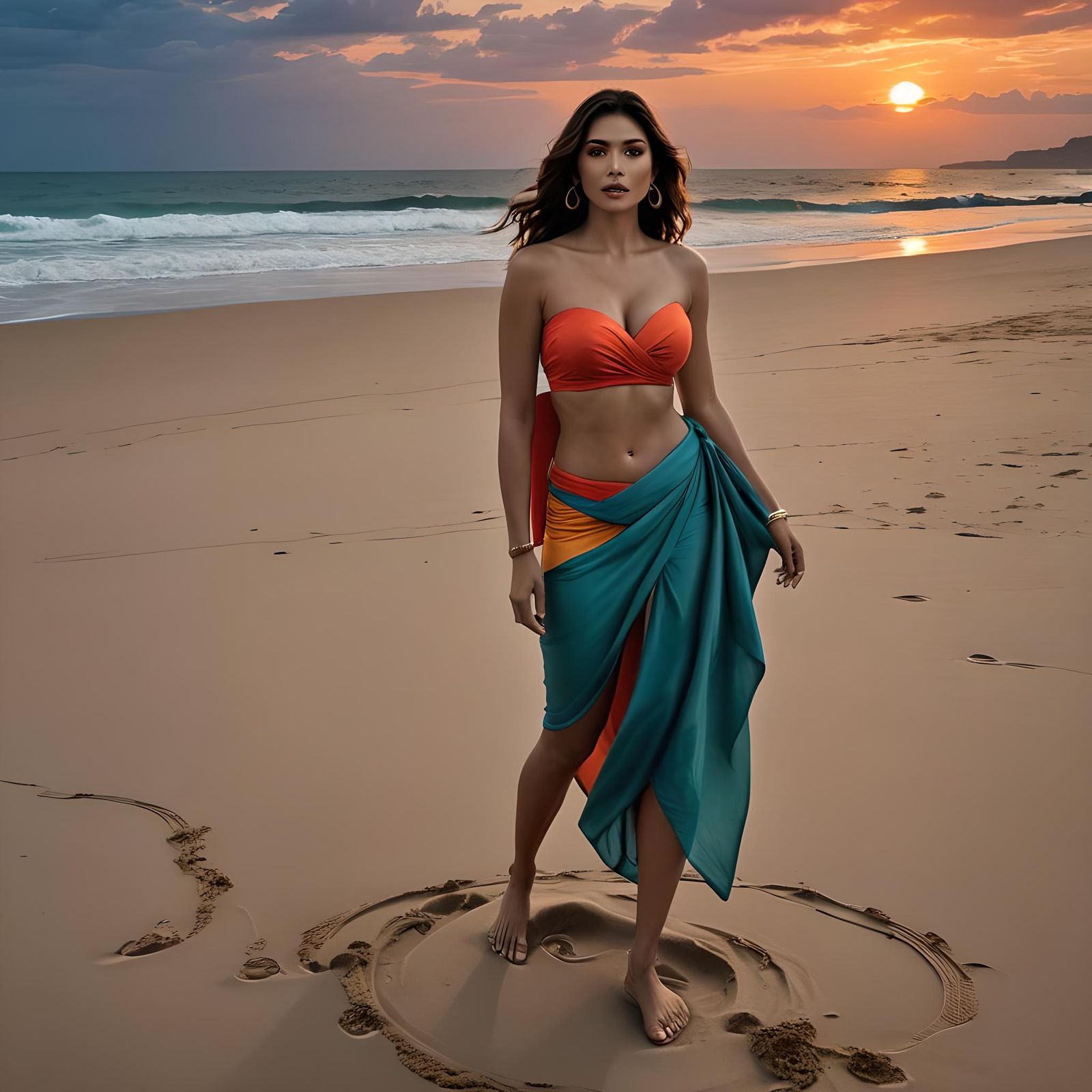 Woman in Red Bikini on Beach at Sunset