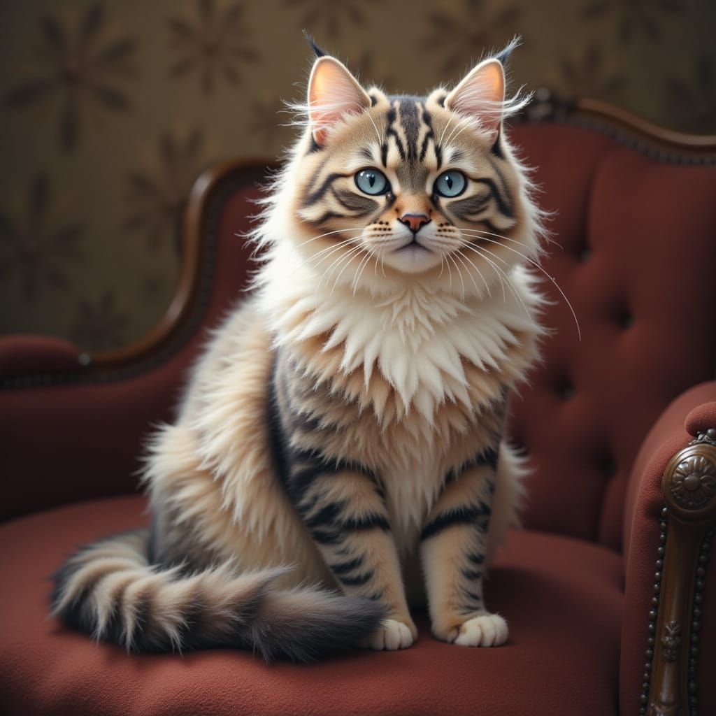 Majestic Maine Coon Cat on Velvet Cushion, Painterly Style