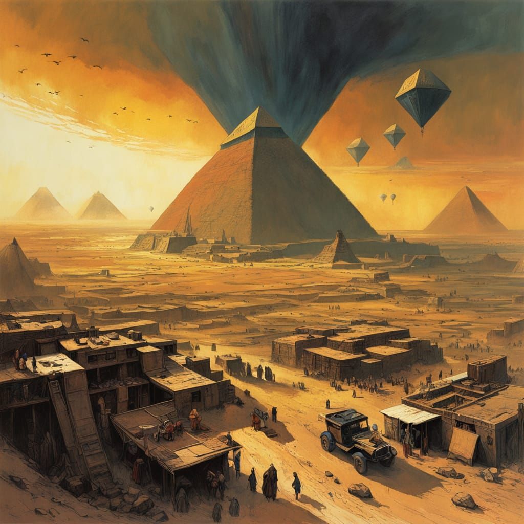 Ancient Israelites Fleeing a Breached Wall, with Pyramids of...