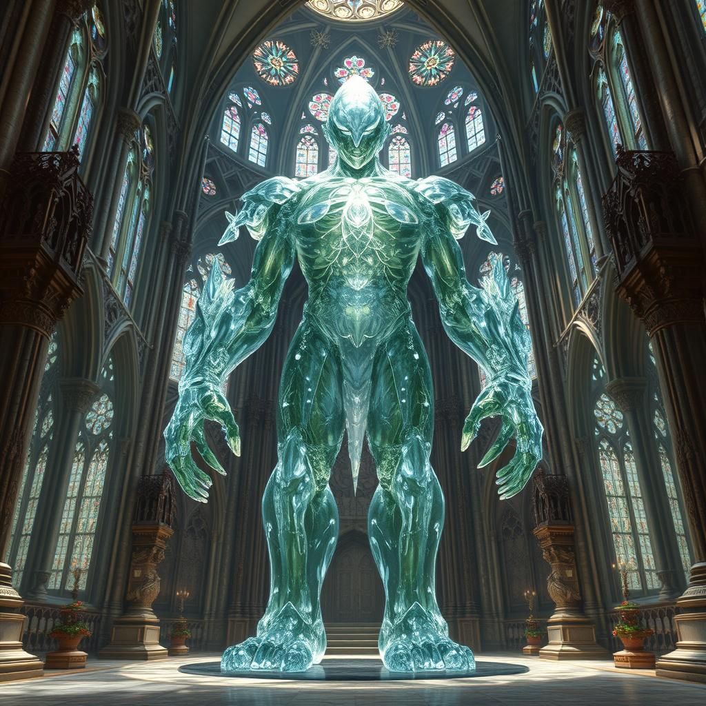 Glass Golem in Cathedral: Fantasy Art Nouveau