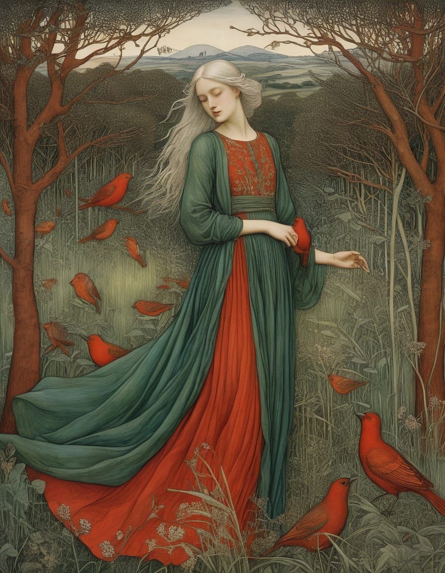 Woman in Whimsical, Pre Raphaelite-Style Field of Tall Grass