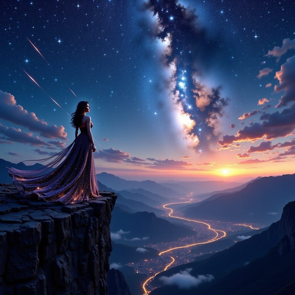 Dreamlike Woman Gazing at Starry Night Sky