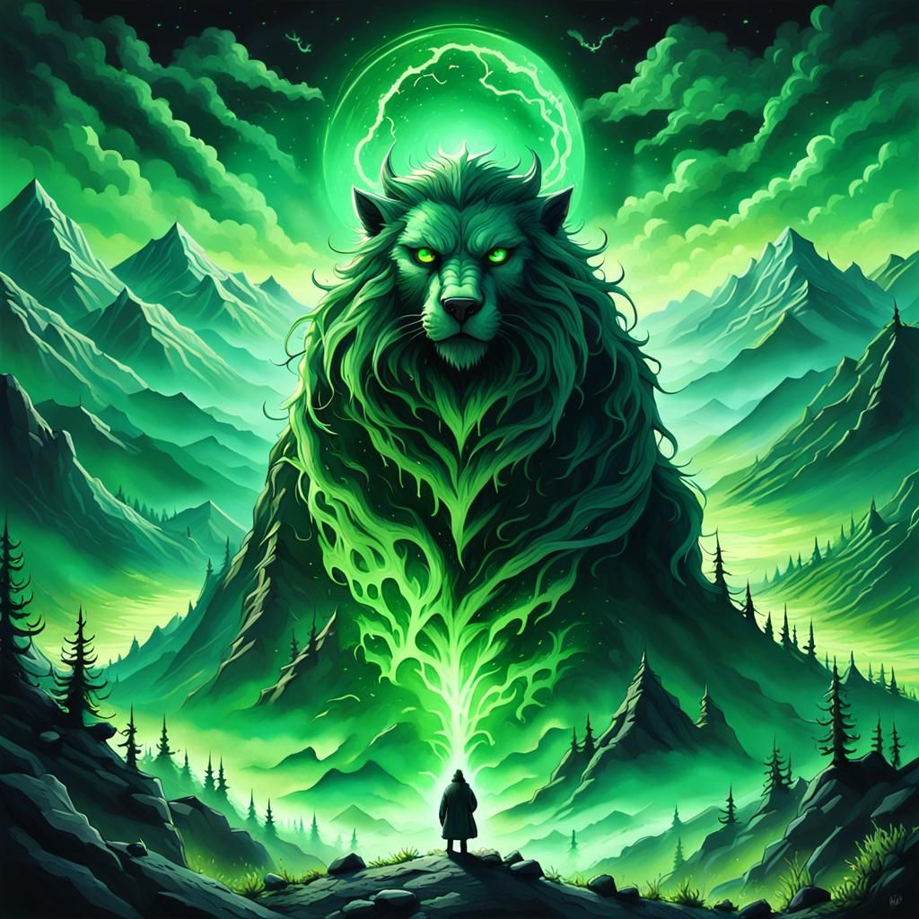 Ethereal Green Animal Spirit in Dark Fantasy Landscape