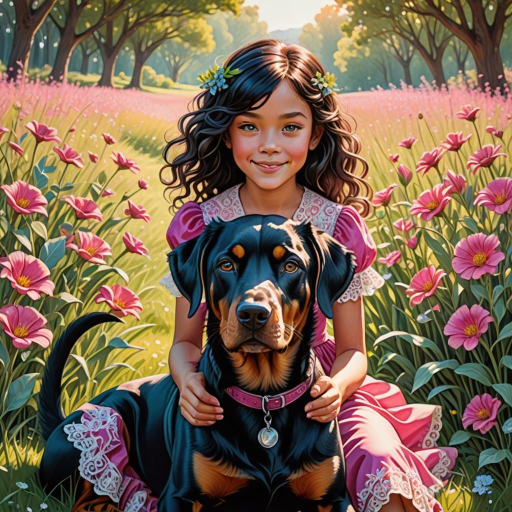 Little Girl in Whimsical Meadow, with Doberman Dog by Her Si...